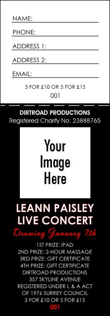 Your Photo Concert Black and Red Raffle Ticket Product Front