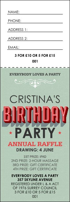 Birthday Party Green Raffle Ticket Product Front