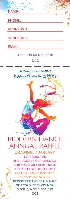 Modern Dance White Raffle Ticket Product Front